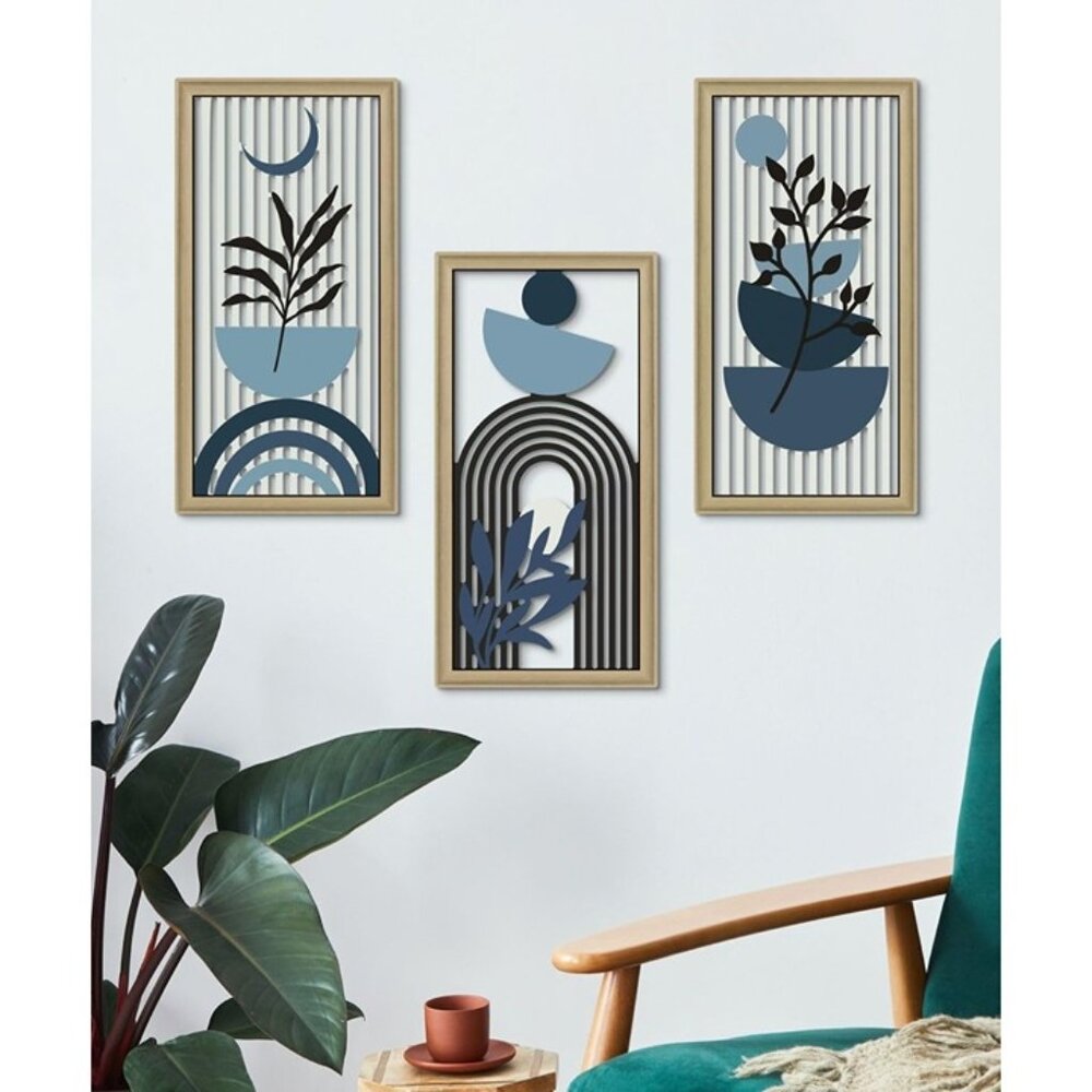 New Boho Abstract Wall Art Set of 3 Modern Botanical Wooden Framed Decor Blue